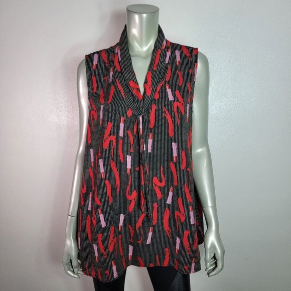 West Kei Top‎ Plus Size 2X Lip Stick Print Lightweight Tie V-Neck Sleeveless Red - Picture 2 of 6